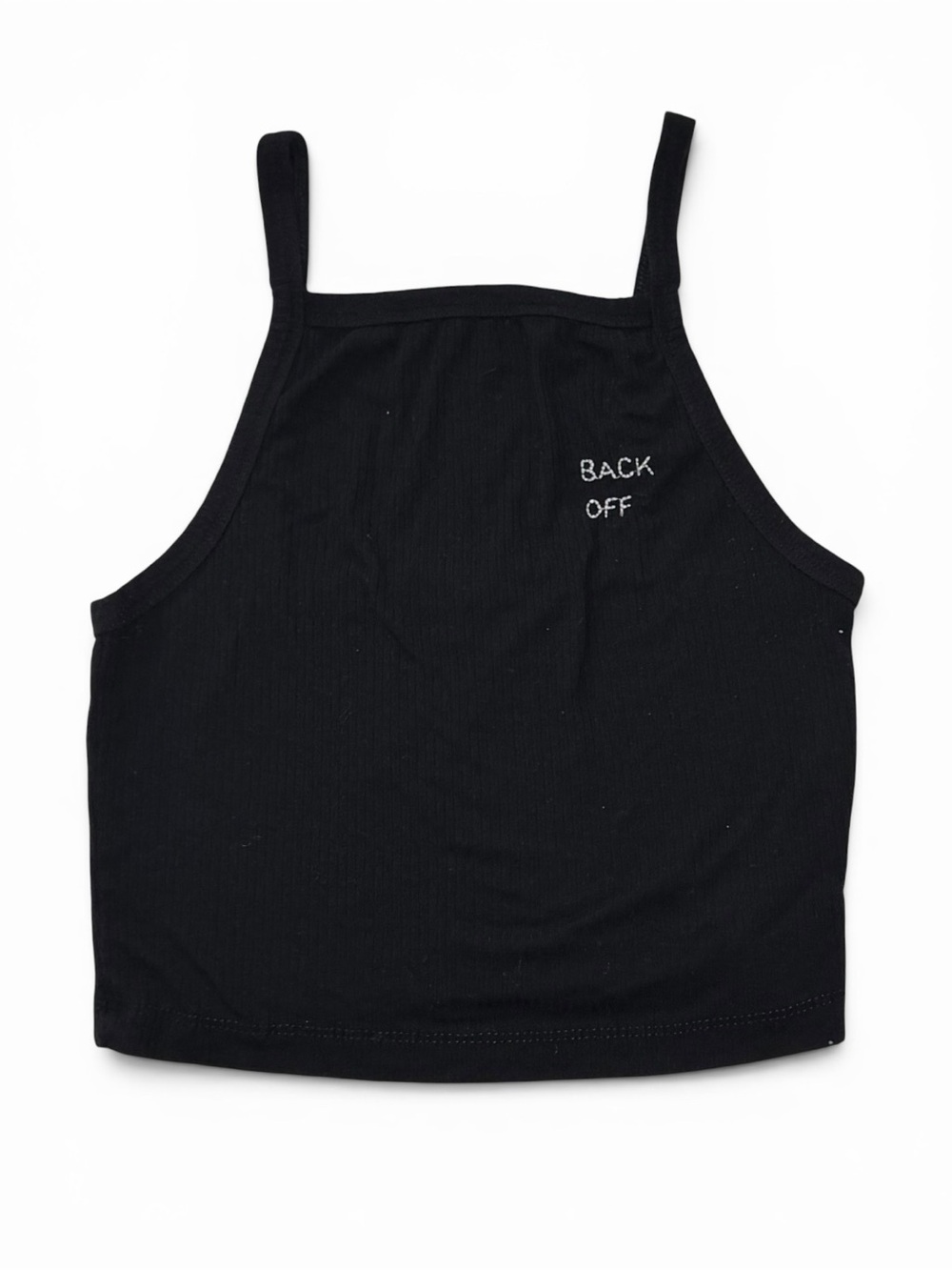 L.A. Hearts Black Ribbed Cropped Top with 'Back Off' Embroidery (Pacsun Brand)